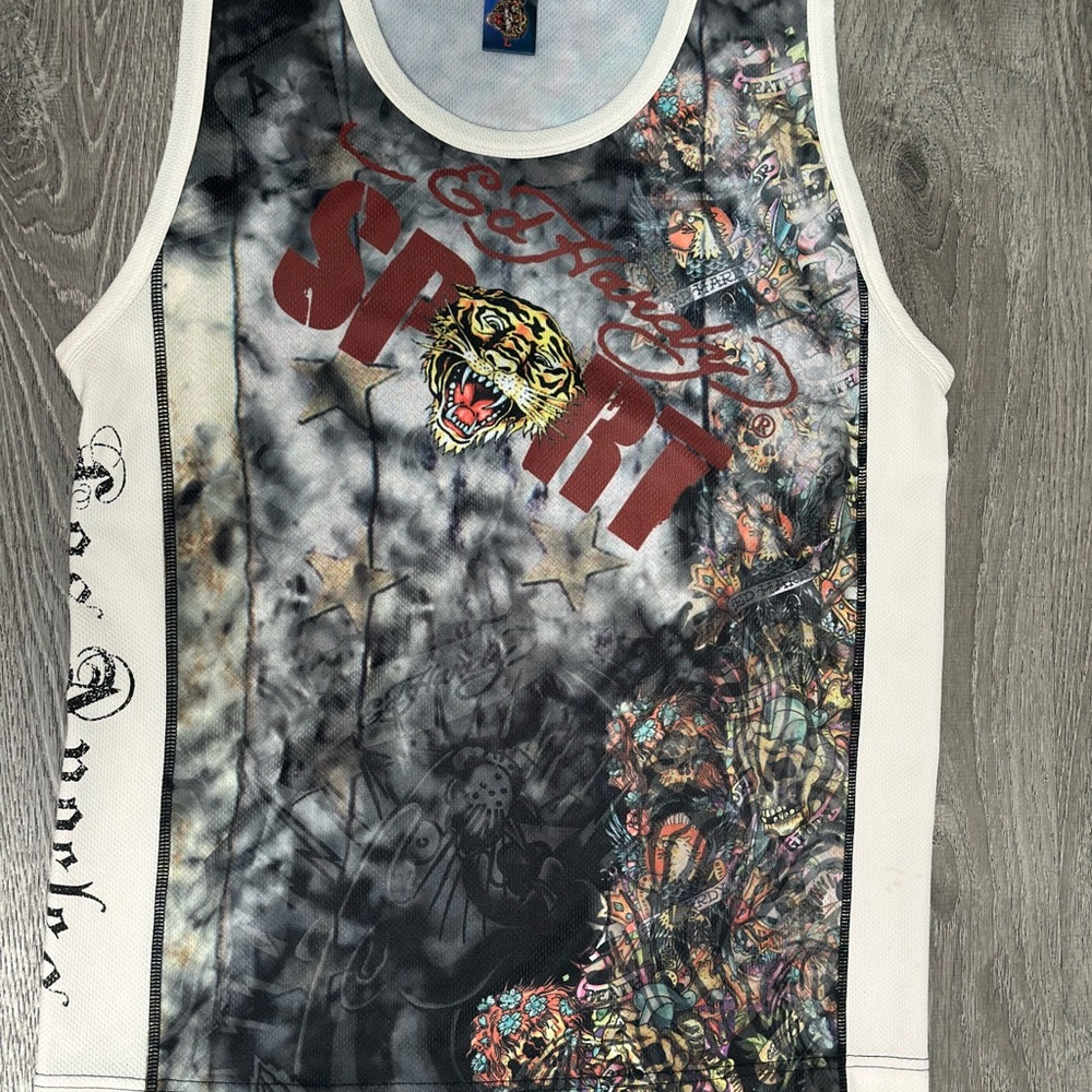 Ed Hardy Multicolor Graphic Tank with Red SPORT Logo